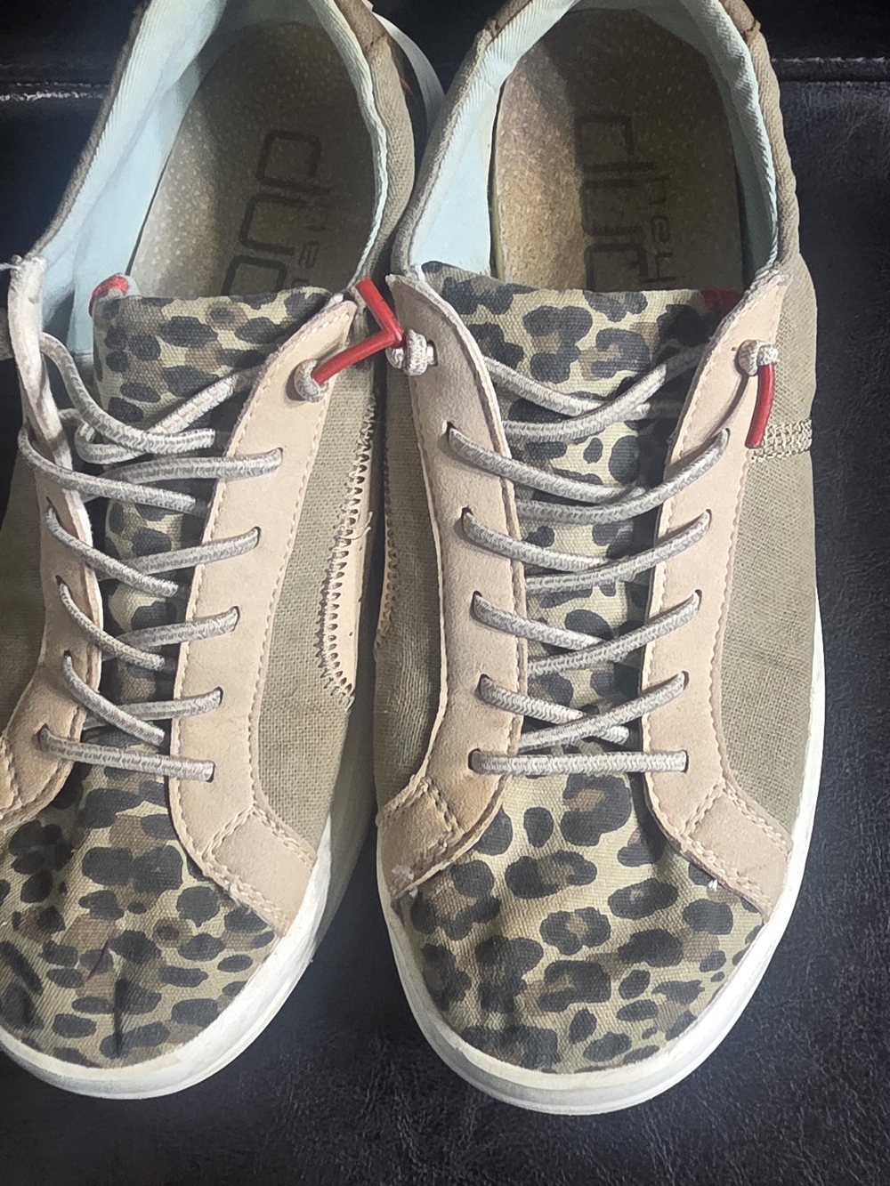 Hey Dude Leopard Print Sneakers in Olive and Tan with Red Accent Womens Size 9